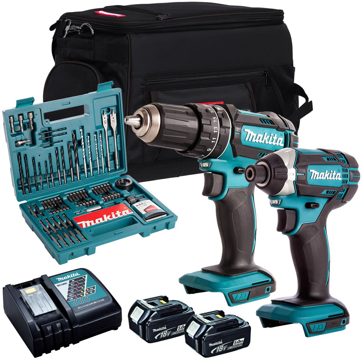 Makita 18V Impact Driver & Combi drill with 2 x 5.0Ah Battery Charger & Accessories Set T4TKIT-793