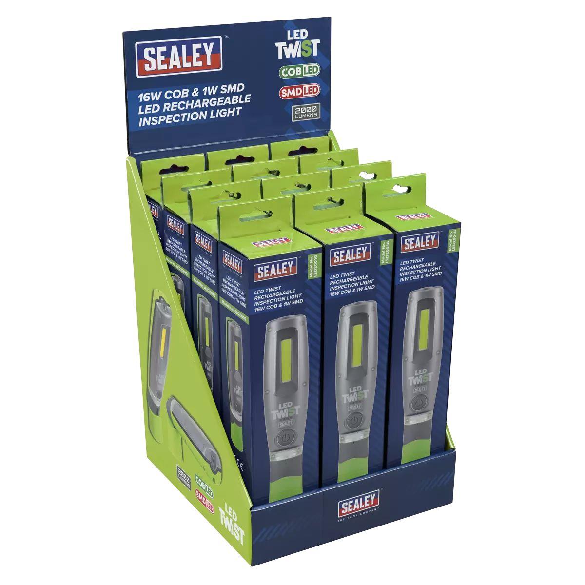 Sealey LED2001GDB LED Twist Rechargeable Inspection Light 16W Cob & 1W Smd Green Display Box of 12