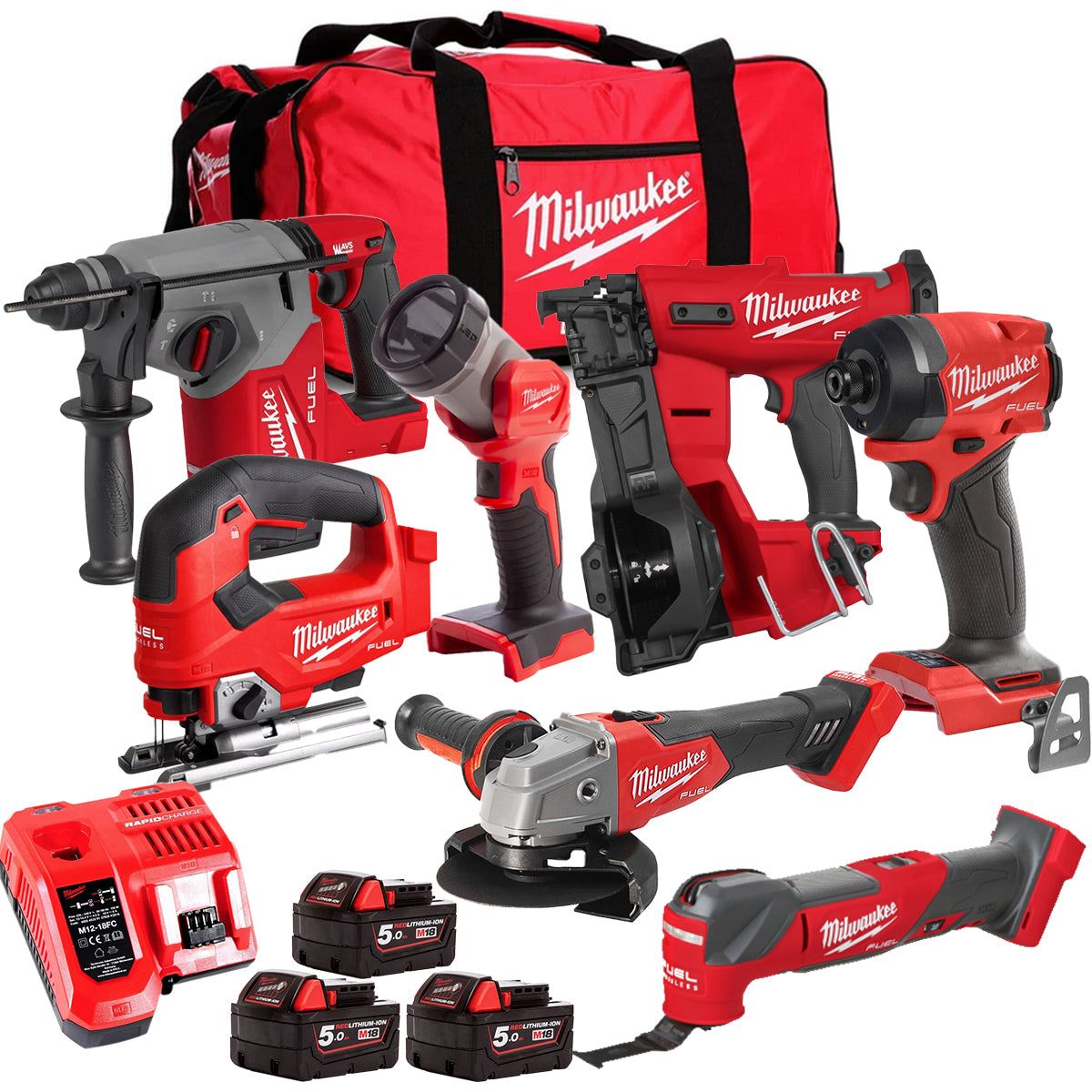 Milwaukee M18FPP6L3-503BK19 18V Brushless 7 Piece Tool Kit with 3 x 5.0Ah Batteries Charger & Wheeled Bag