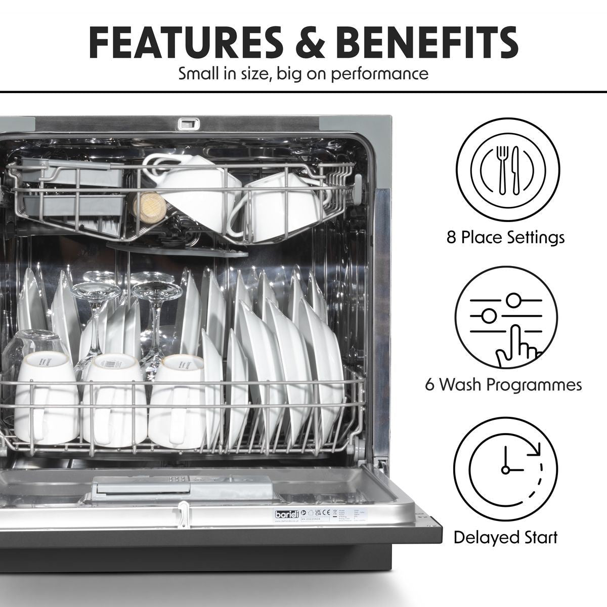 Sealey DH88 Baridi Tabletop Dishwasher 8 Place Settings 8L Capacity Black 230V/1500W