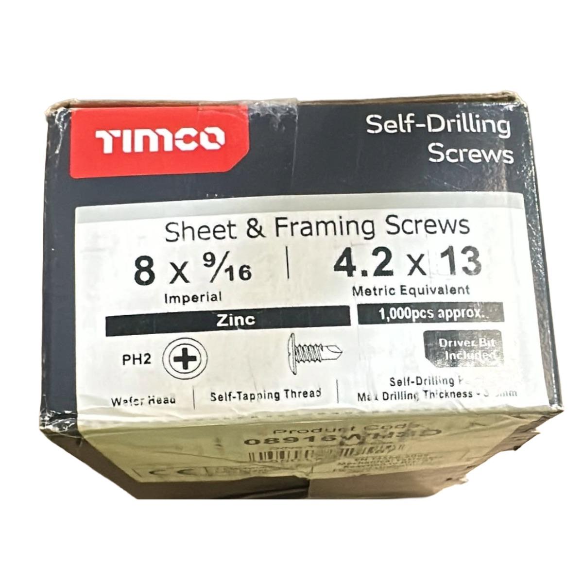 Timco 08916WHSD Self-Drilling Wafer Head Zinc Screws - 8 x 9/16 - Pack of 1000 Pieces Item Condition Box Opened Never Used