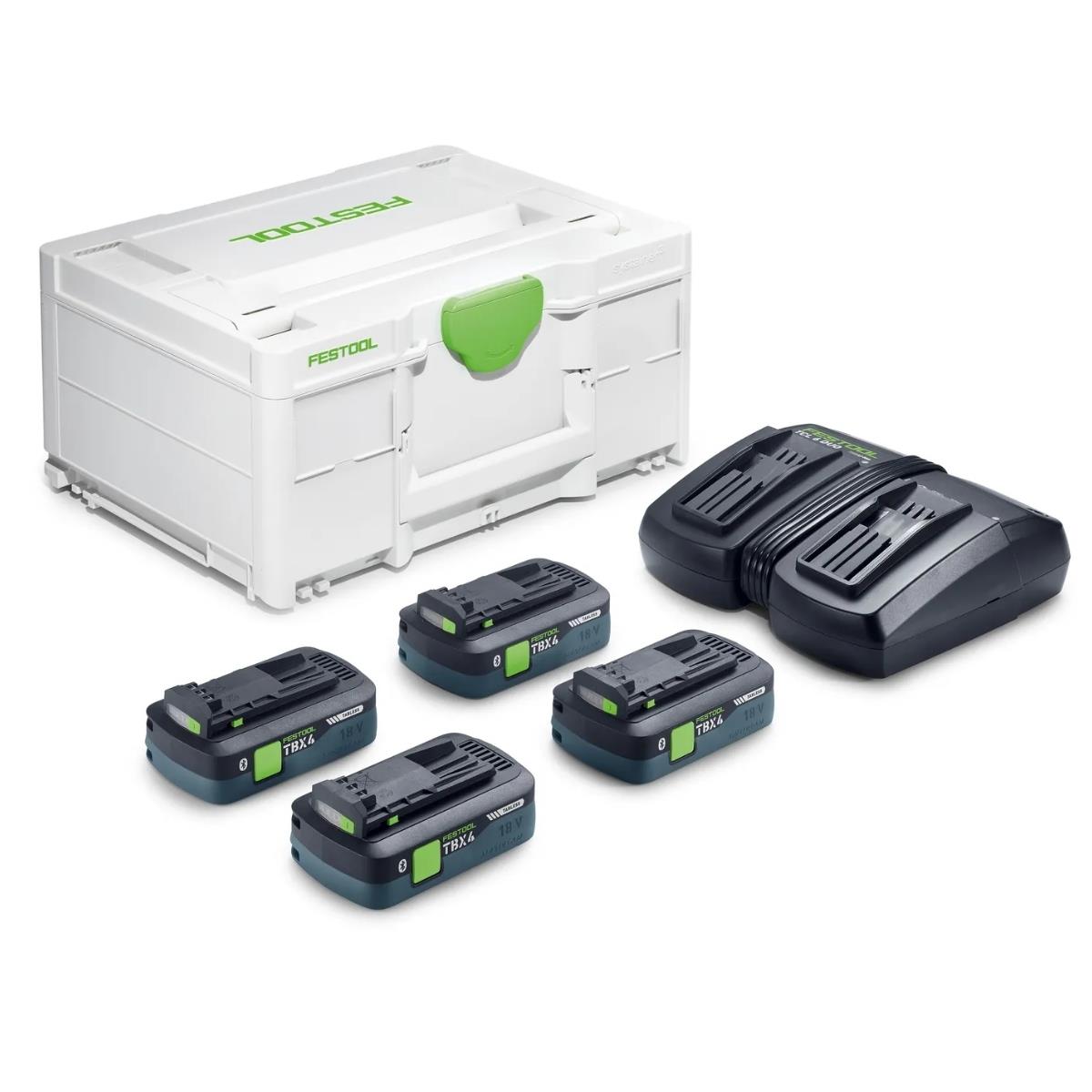 Festool SYS 18V 4xTBX4/TCL6DUO Energy Set 4 x 4.0Ah Tabless Batteries, Charger & Case - 578824