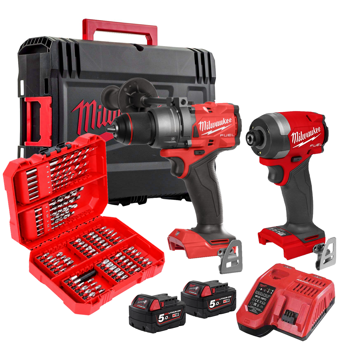 Milwaukee M18FPP2A3-502X 18V Fuel Combi Drill + Impact Driver with 2 x 5.0Ah Battery, Charger & 80 Piece Impact Duty Bit Set