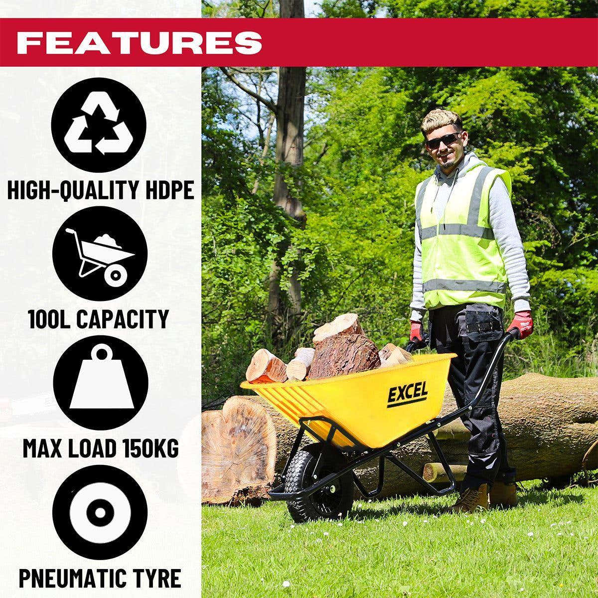 Excel 70L Portable Cement Concrete Mixer 240V/220W with Wheels & 100L Wheelbarrow Yellow HDPE Tray