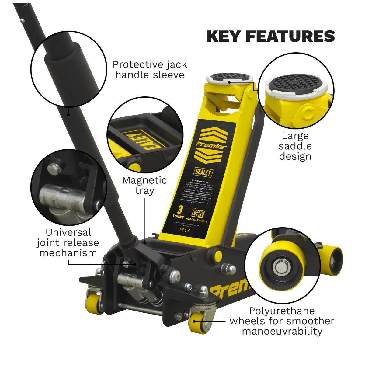 Sealey 3040AY Trolley Jack 3tonne Rocket Lift Yellow
