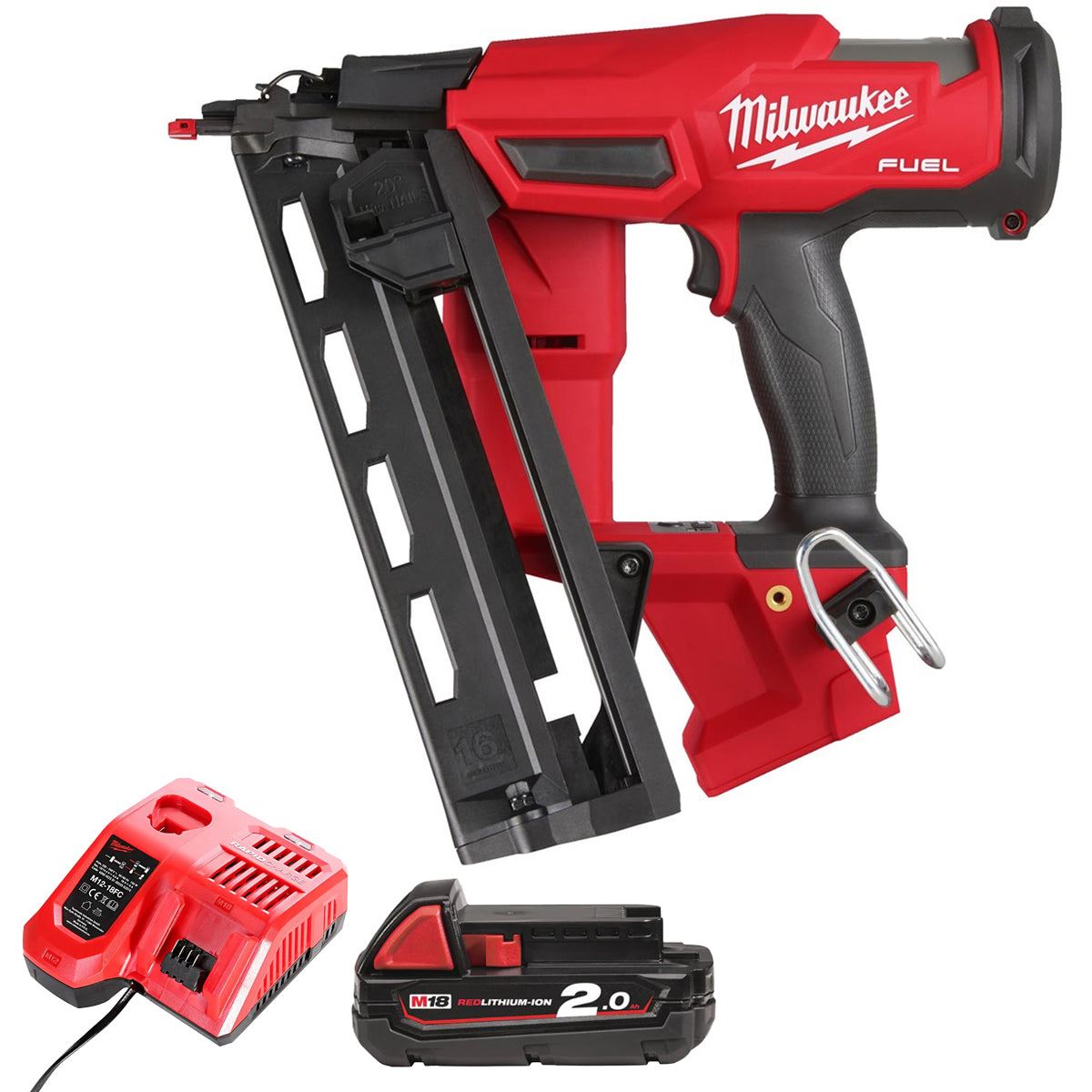 Milwaukee M18FN16GA-0 18V Brushless 16G Angled Finish Nailer with 1 x 2.0Ah Battery & Charger