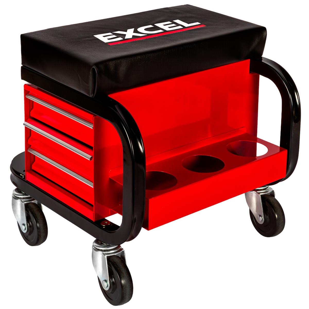 Excel Utility Seat with Toolbox – Padded Rolling Work Stool with 3 Drawers, Can Holders & 150kg Load Capacity