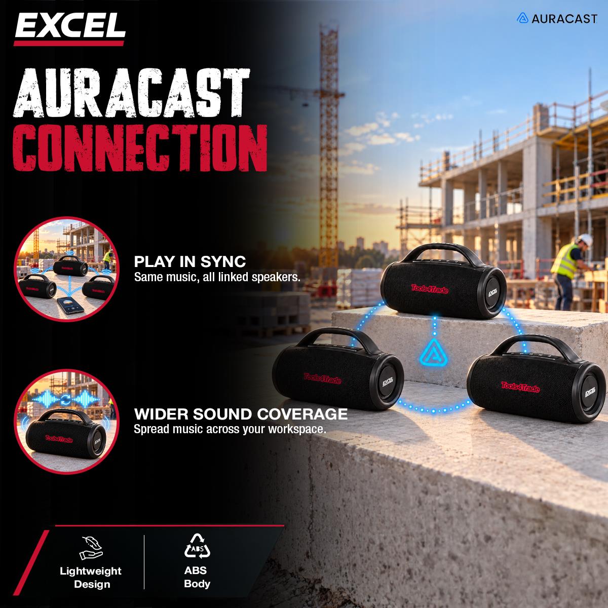 Excel Jobsite Bluetooth Speaker 40-70W IPX6 Waterproof with Auracast