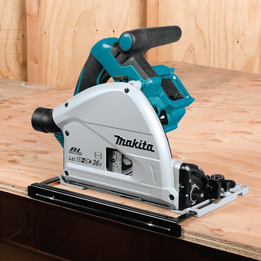 Makita DSP600ZJ 36V Brushless 165mm Plunge Saw Body Only with 2 x 1.5m Guide Rail & Case + Rail Bag