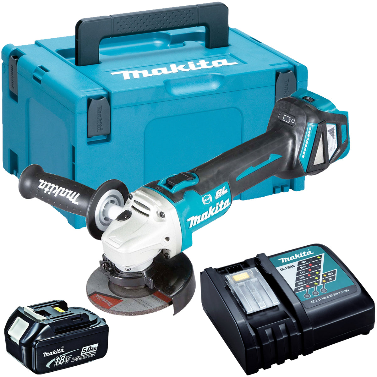 Makita DGA513Z 18V Brushless 125mm Angle Grinder with 1 x 5.0Ah Battery & Charger in Case