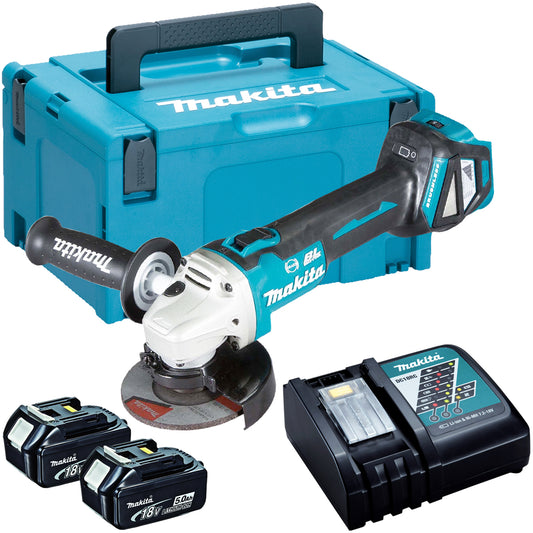 Makita DGA513Z 18V Brushless 125mm Angle Grinder with 2 x 5.0Ah Batteries & Charger in Case