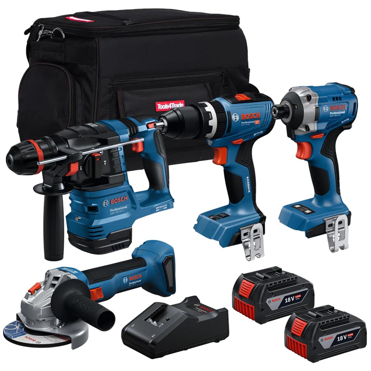 Bosch 18V 4 Piece Brushless Combo Tool Kit With 2 x 5.0Ah Batteries & Charger T4TKIT-28125