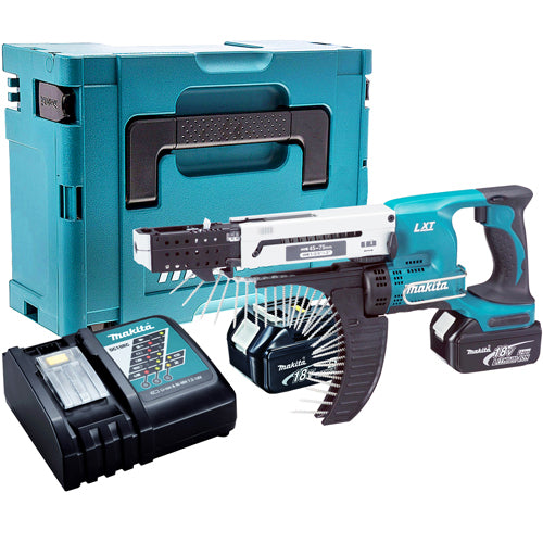 Makita DFR750Z 18V LXT Li-Ion 45 – 75 mm Auto Feed Screwdriver With 2 x 5.0Ah Batteries & Charger In Case