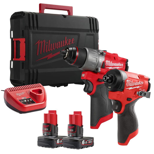 Milwaukee M12FPP2A2-602X 12V Fuel Brushless Combi Drill & Impact Driver with 2 x 6.0Ah Batteries Charger & Empty Tool Box (Without Inlay)