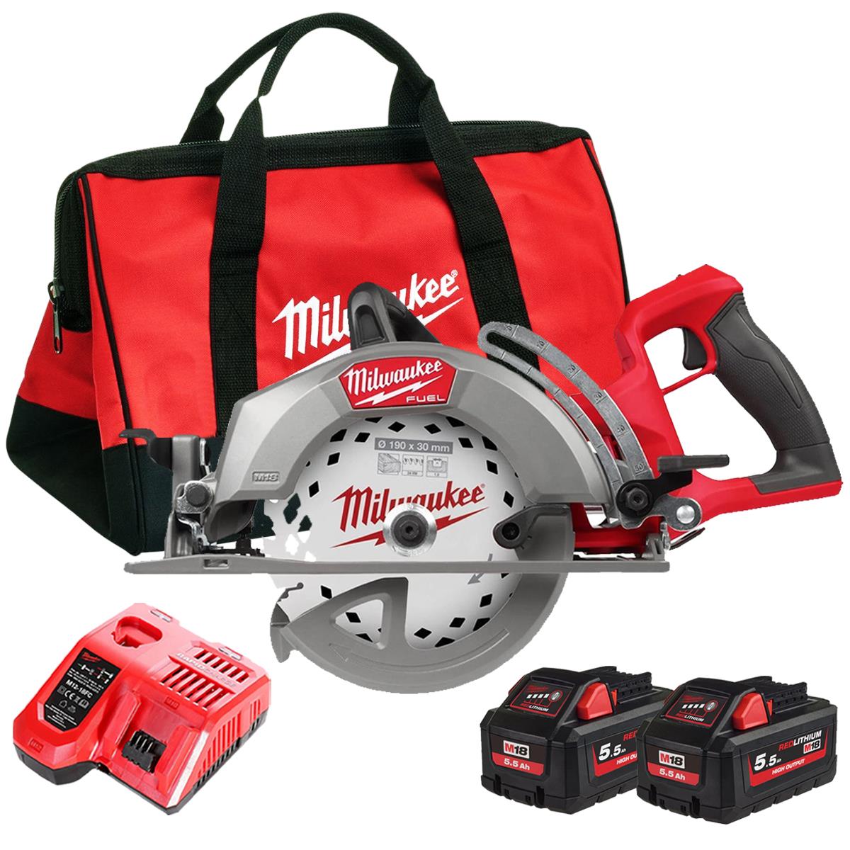 Milwaukee M18FCSRH662-0 M18 18V Brushless Circular Saw with 2 x 5.5Ah Batteries Charger & Bag