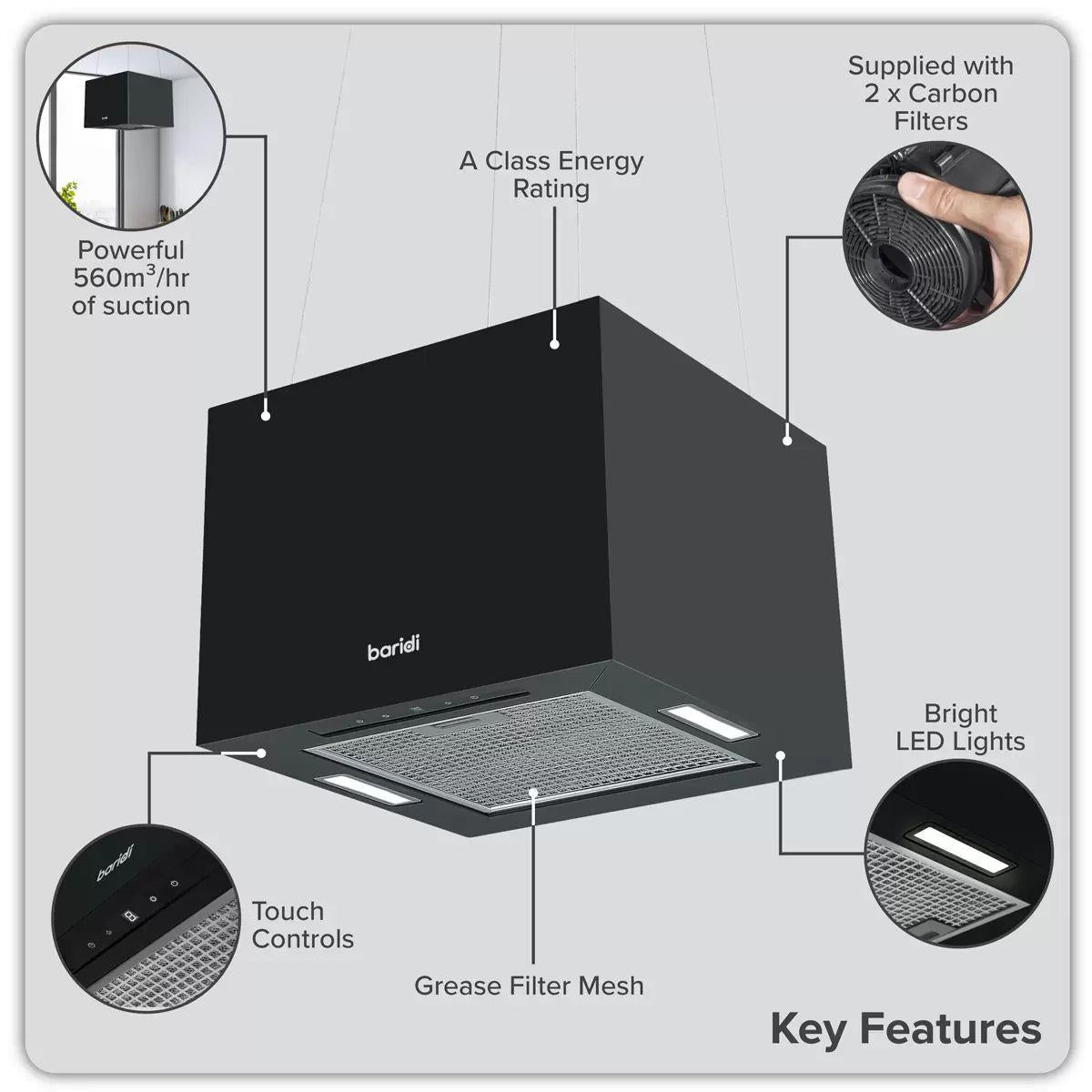 Sealey DH109 Baridi Square Island Cooker Hood 40cm Black 240V