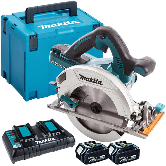 Makita DHS710ZJ 36V Circular Saw with 2 x 5.0Ah Batteries & Twin Port Charger in Case