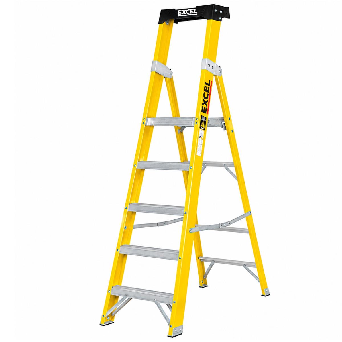 Excel Electricians Fibreglass Platform Step Ladder 5 Tread 1.81m EN131 Yellow