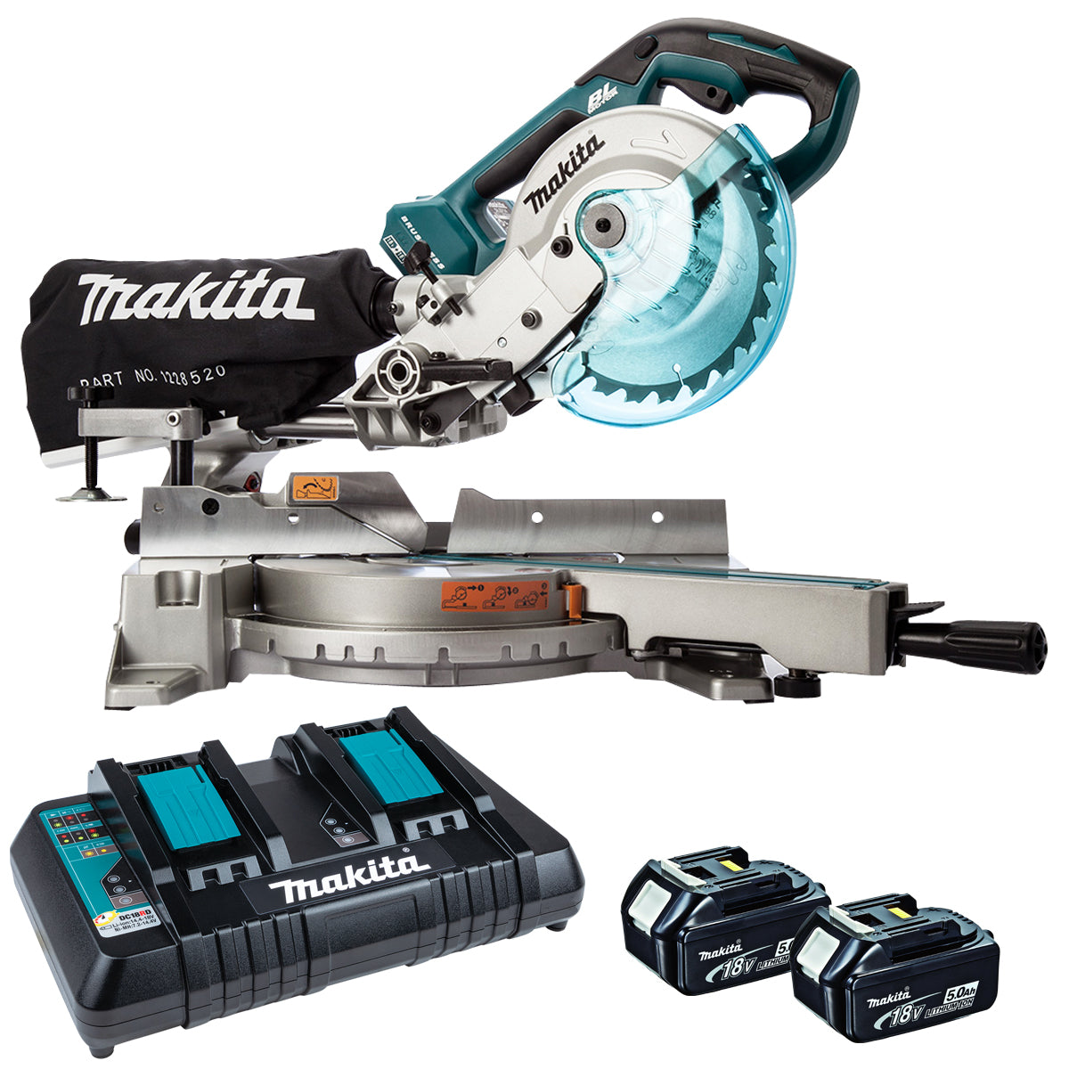 Makita DLS714NZ 36V Brushless 190mm Slide Mitre Saw With 2 x 5.0Ah Batteries & Twin Port Charger