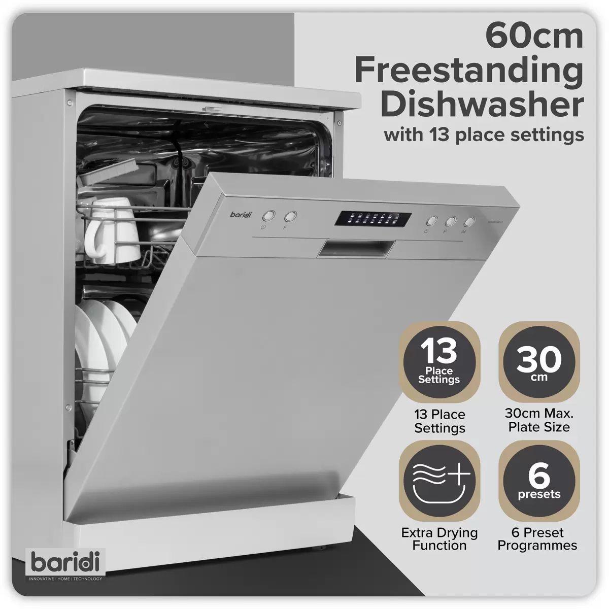 Sealey DH280 Baridi Regular Sized Freestanding Dishwasher 60cm Wide 13 Place Settings Silver 230V
