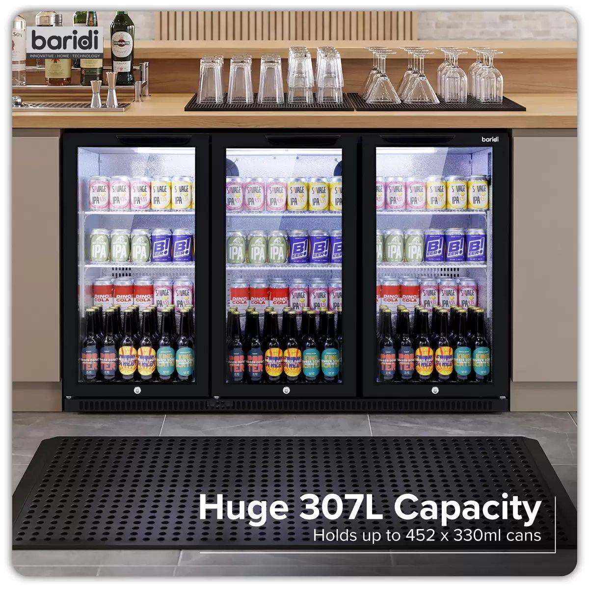 Sealey DH336 Baridi Back Bar Drinks Fridge/Cooler with Triple Hinged Door & Security Lock 307L Black 240V