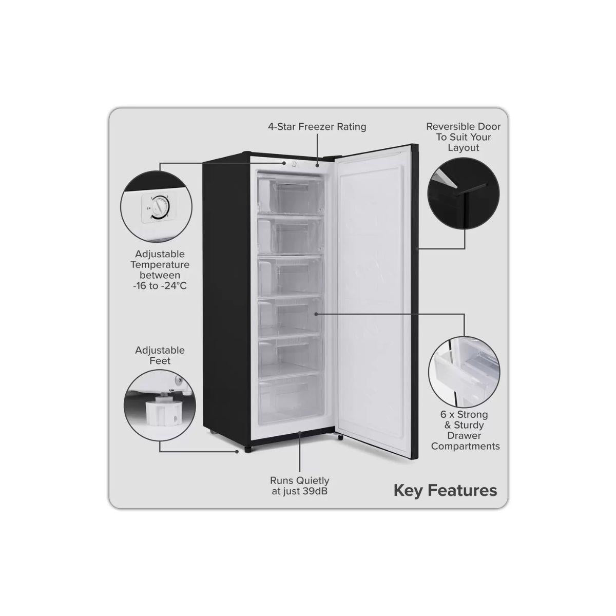 Sealey DH325 Baridi Freestanding Tall Freezer 177L Capacity Black 230V