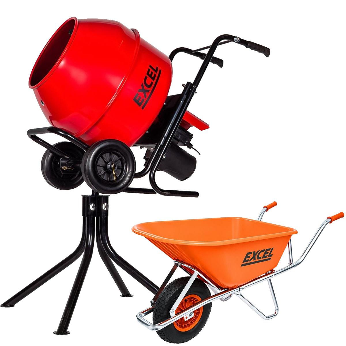 Excel 134L Portable Cement Mixer 240V/370W with Wheels & 100L Wheelbarrow Chrome Plated Frame