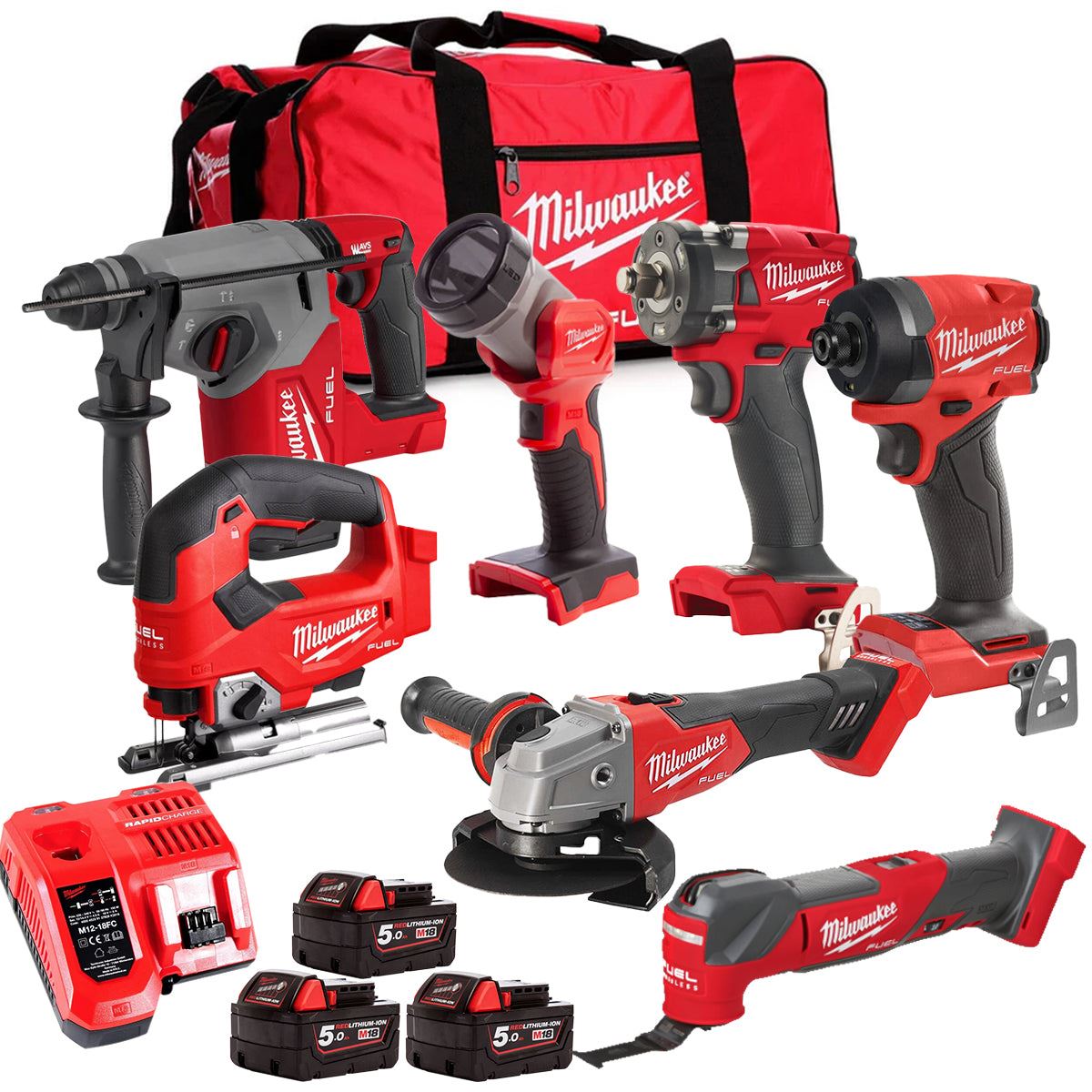 Milwaukee M18FPP6L3-503BK21 18V Brushless 7 Piece Tool Kit with 3 x 5.0Ah Batteries Charger & Wheeled Bag