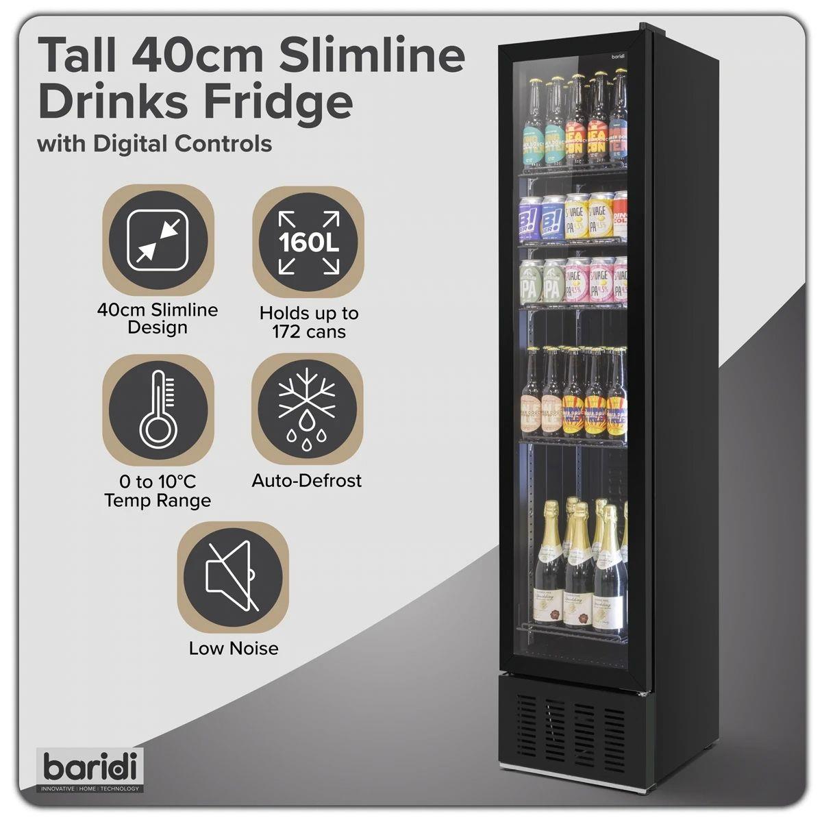 Sealey DH440 Baridi Tall Drinks/Bar Fridge with Digital Controls & Auto Defrost 160L Black