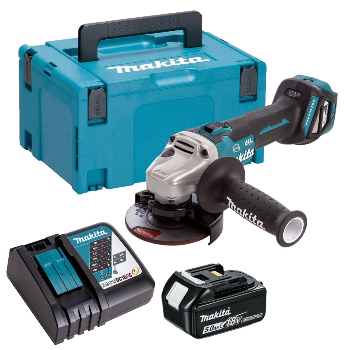 Makita DGA463Z 18V Brushless 115mm Angle Grinder with 1 x 5.0Ah Battery & Charger in Case