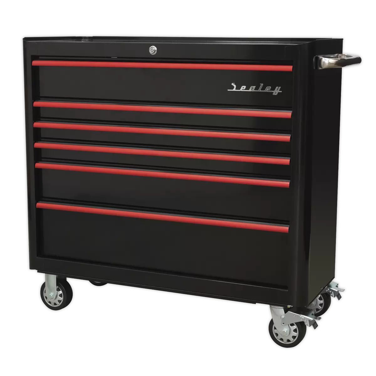 Sealey AP41206BR Rollcab 6 Drawer Wide Retro Style Black with Red Anodised Drawer Pulls