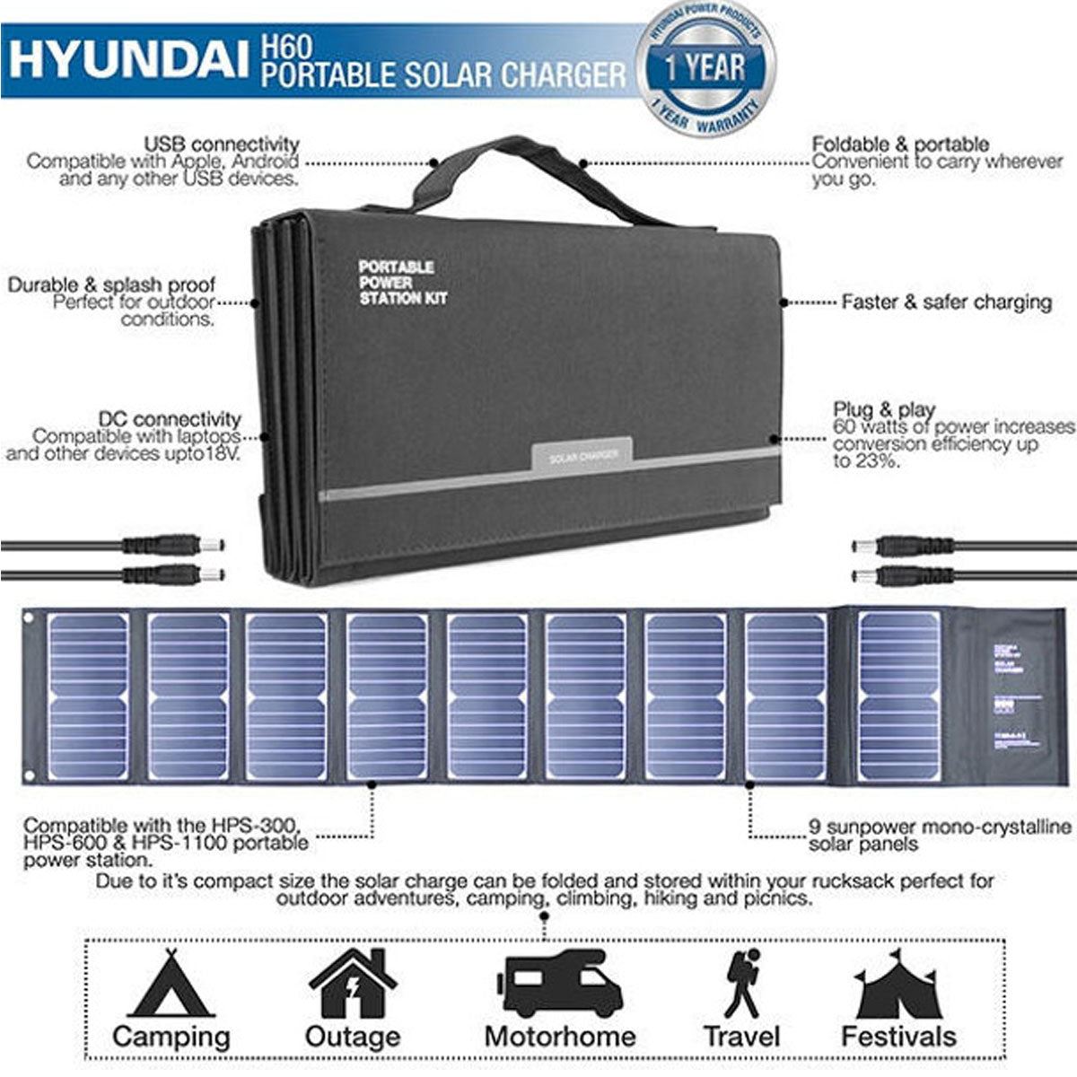 Hyundai H60 Portable & Foldable 60W Solar Charger USB & DC Connectivity for Outdoor Power Supply
