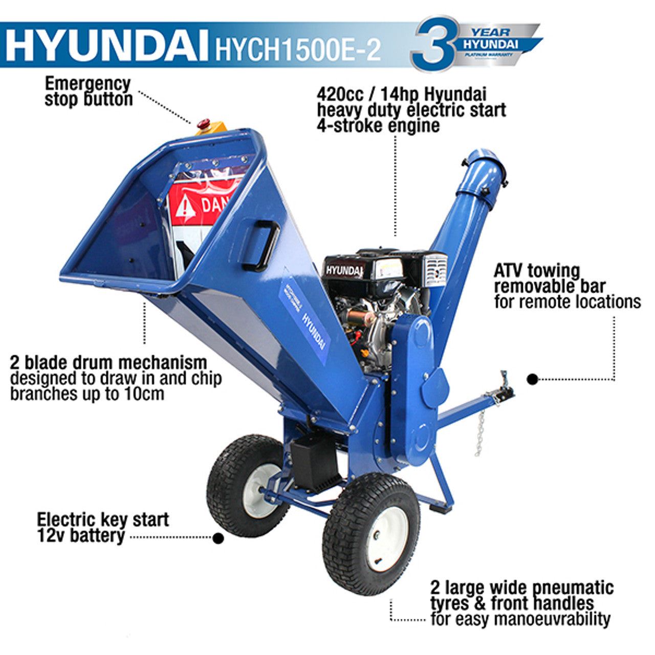 Hyundai HYCH1500E-2 420cc 100mm Petrol Wood Chipper Shredder Mulcher 4-Stroke Engine