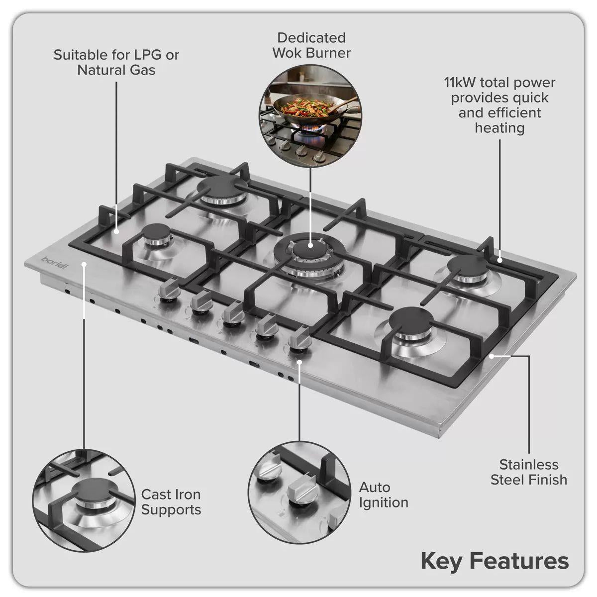 Sealey DH382 Baridi 90cm Gas Hob Stainless Steel with 5 Burners, Cast Iron Supports & Auto Ignition 11kW/230V
