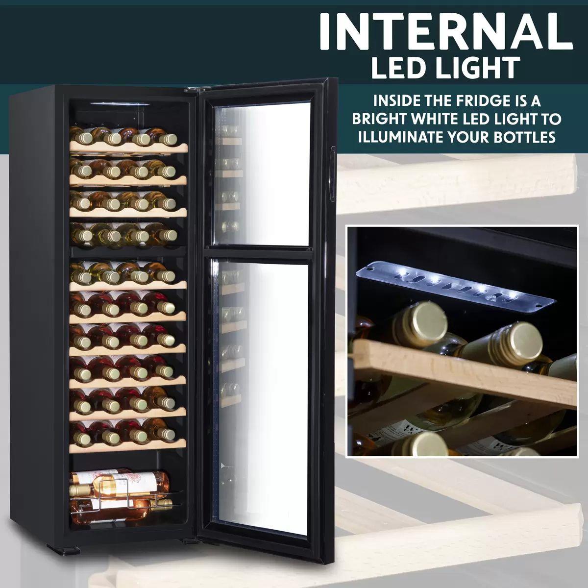 Sealey DH92 Baridi 44 Bottle Dual Zone Wine Fridge with Digital Touch Screen Controls & LED Light Black 230V