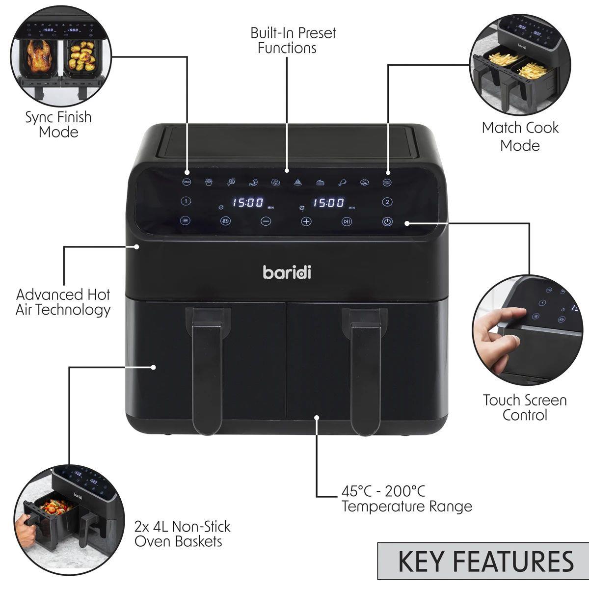 Sealey DH172 Baridi Dual Zone Air Fryer with 8 Preset Functions 8L Capacity 230V/1700W