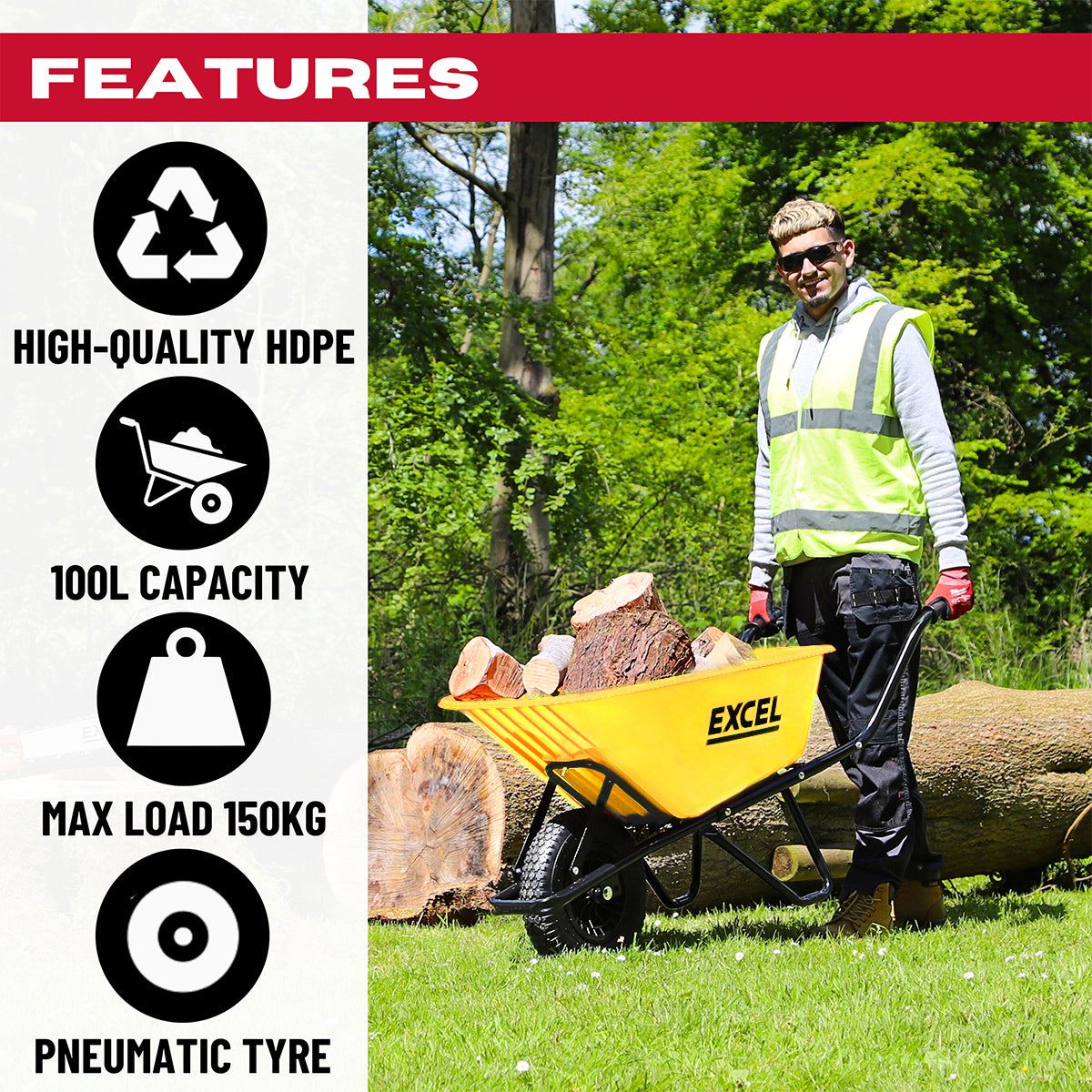 Excel Heavy Duty Wheelbarrow with 100L HDPE Tray Yellow