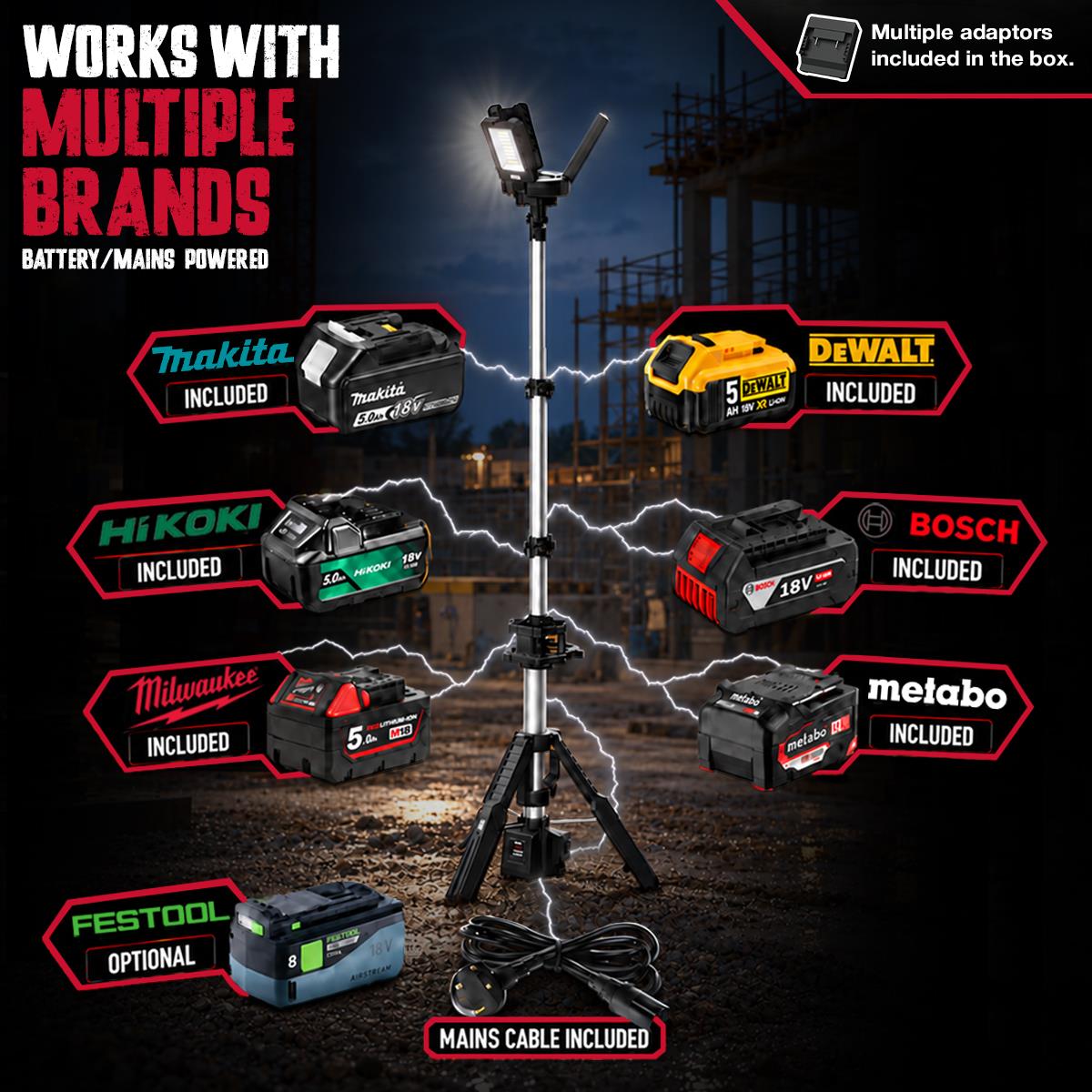 Excel 18V/240V 8100 Lumens Hybrid Tripod LED Flood Light with Carry Bag