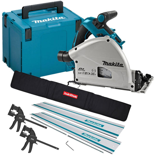 Makita DSP601ZJU 36V Brushless AWS Plunge Saw Body Only with 2 x Guide Rail, Connector & Clamp Set