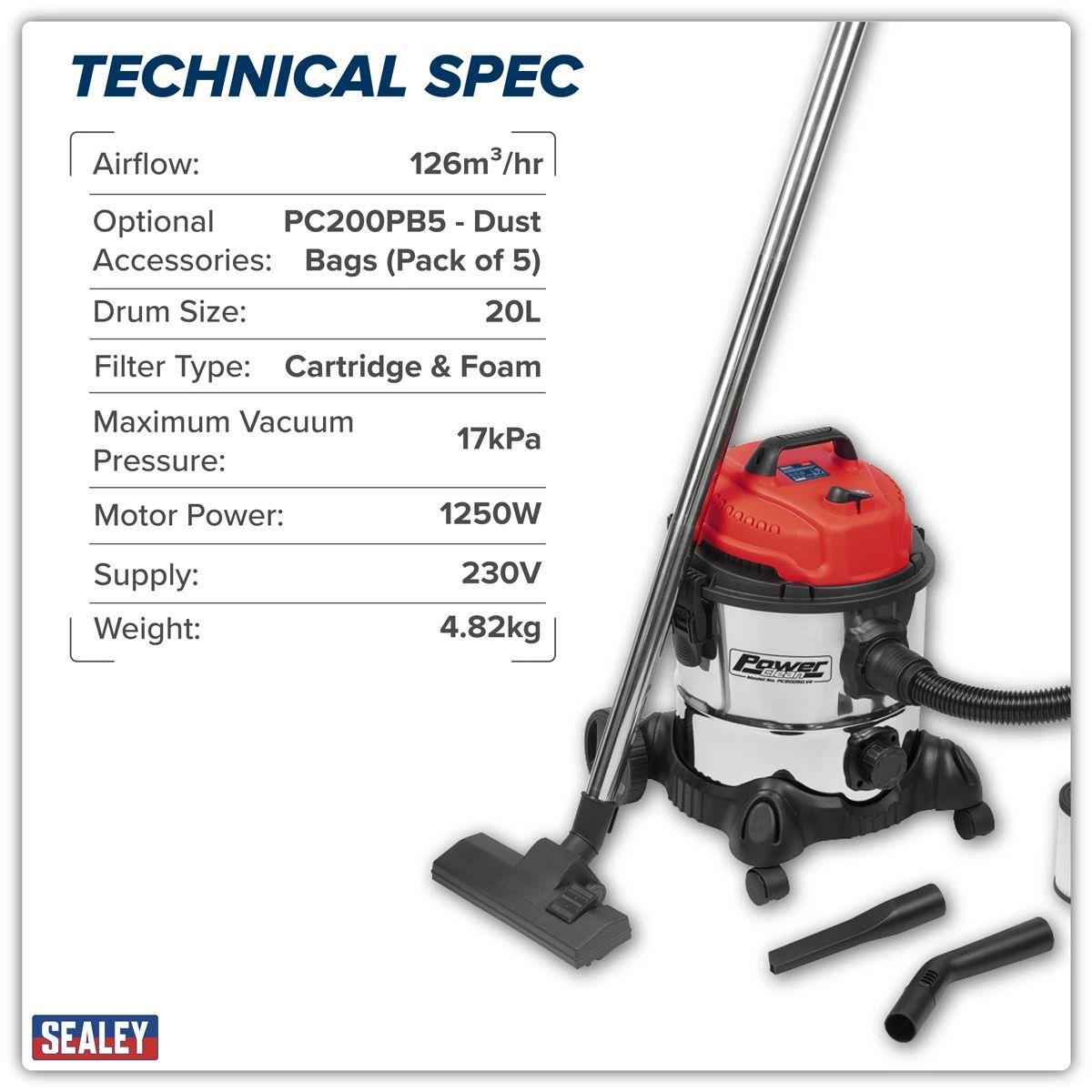 Sealey PC200SD Wet and Dry 20L Vacuum Cleaner 230V/1250W