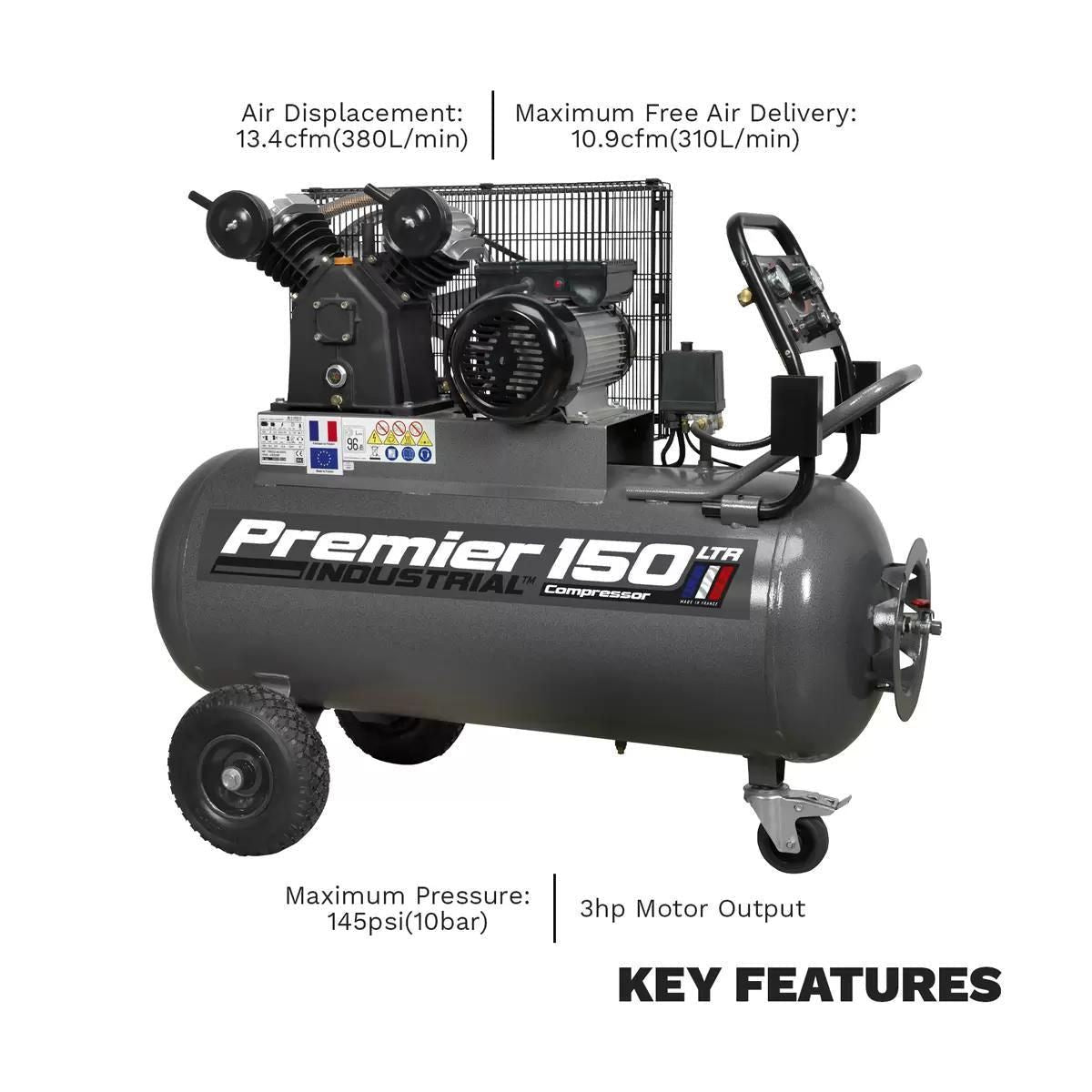 Sealey SAC3153B 150L Belt Drive Air Compressor with Front Control Panel 230V/16A