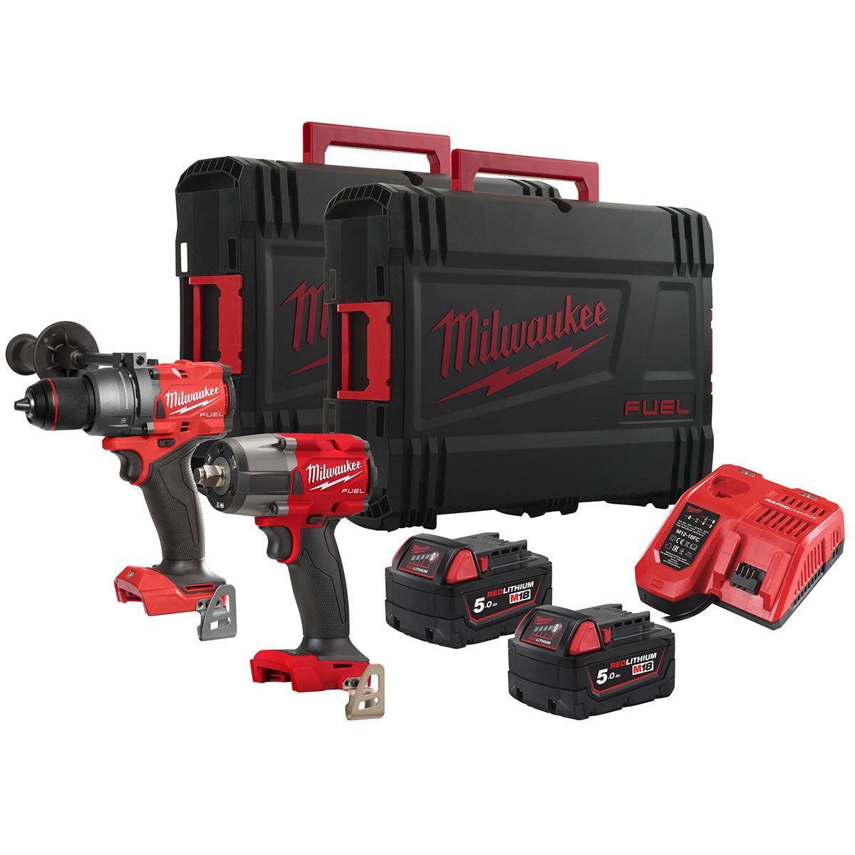 Milwaukee M18FPP2F3-502X 18V Fuel Combi Drill + Impact Wrench with 2 x 5.0Ah Battery Charger & Case 4933492641