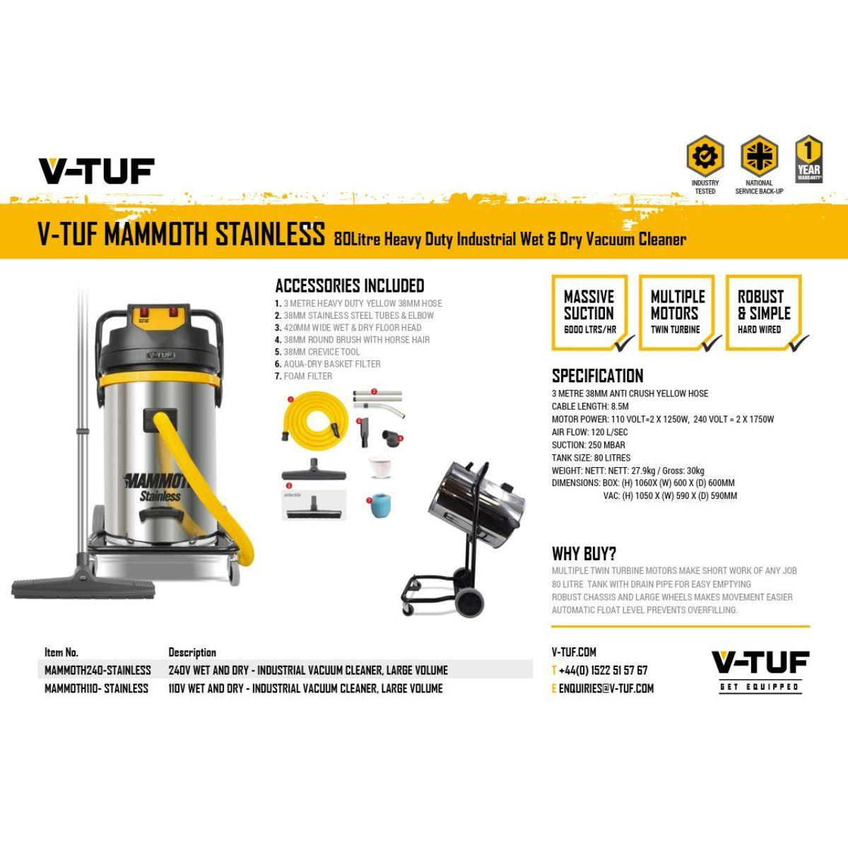 V-TUF MAMMOTH110-STAINLESS 80L Wet & Dry Twin Motor Industrial Vacuum Cleaner Mammoth 110V Power Stainless Steel