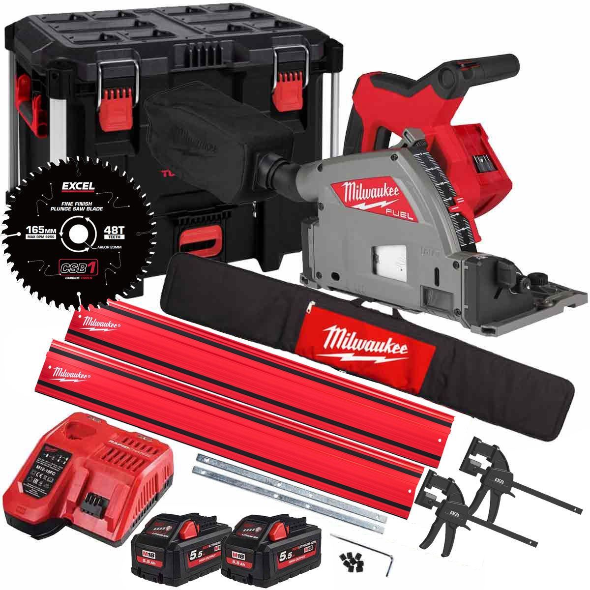 Milwaukee M18FPS55-552P 18V 165mm Fuel Brushless Plunge Saw + 2 x 5.5Ah Battery with Blade & Guide Rail Kit