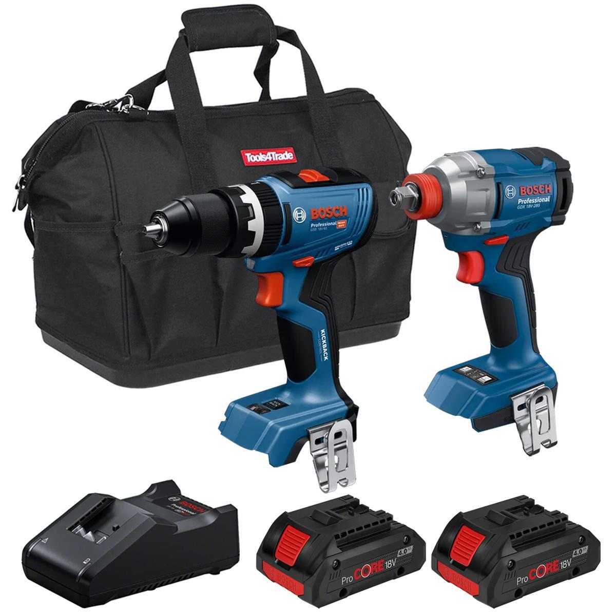 Bosch 18V Brushless Combi Drill & Impact Wrench with 2 x 4.0Ah Battery Charger & Bag T4TKIT-28122