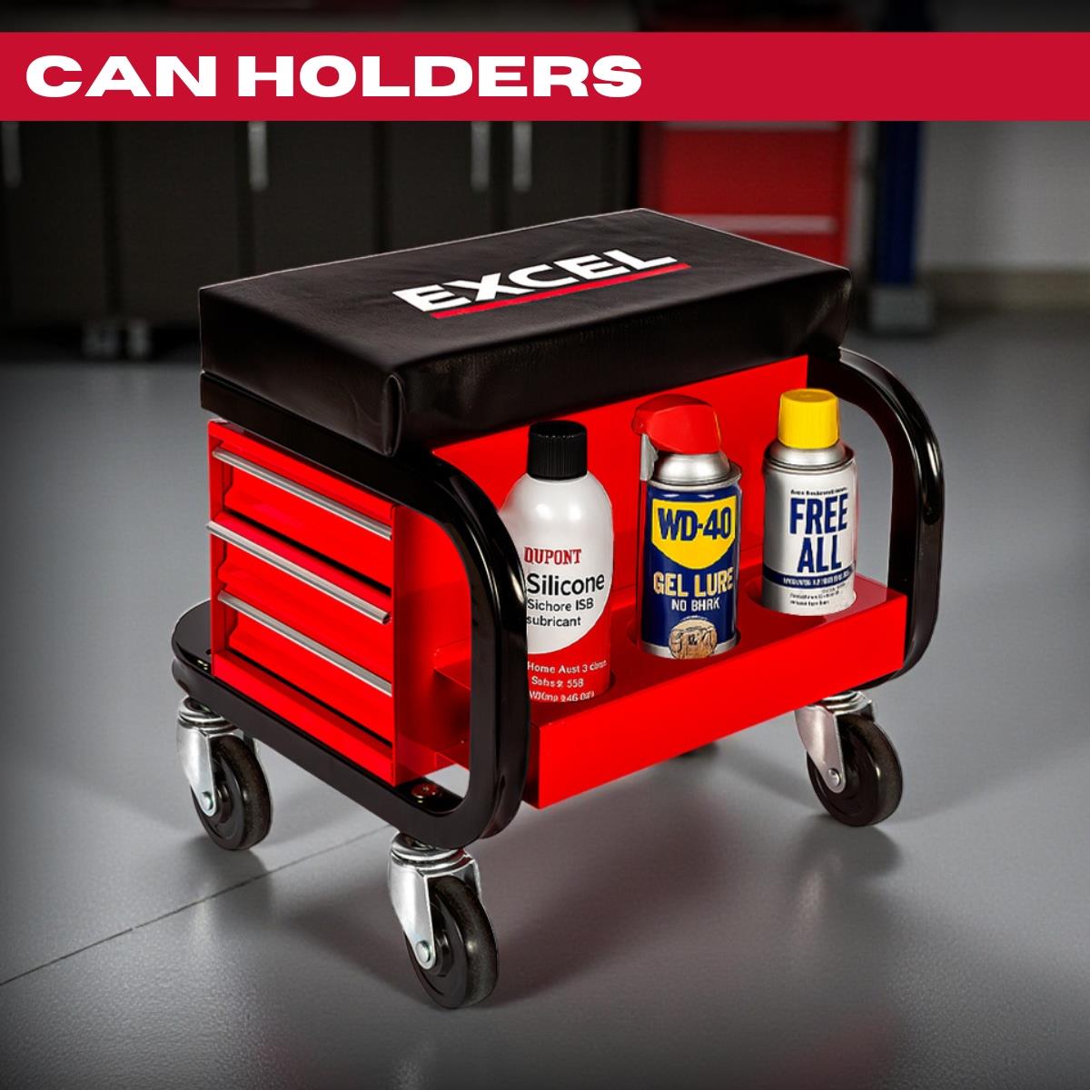 Excel Utility Seat with Toolbox – Padded Rolling Work Stool with 3 Drawers, Can Holders & 150kg Load Capacity