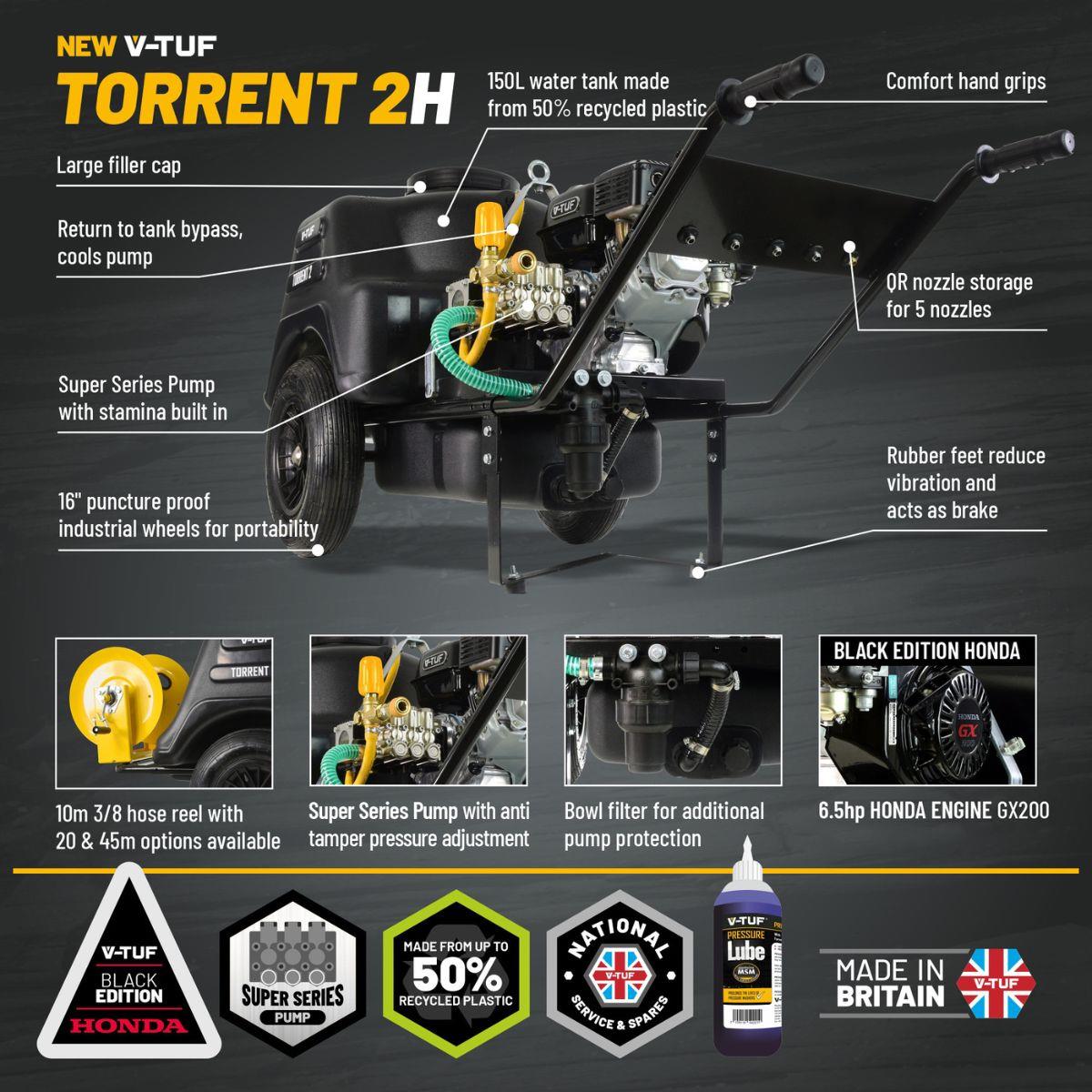 V-TUF TORRENT 2H Petrol Pressure Washer 150L Bowser Honda GX200 160Bar 13L/MIN