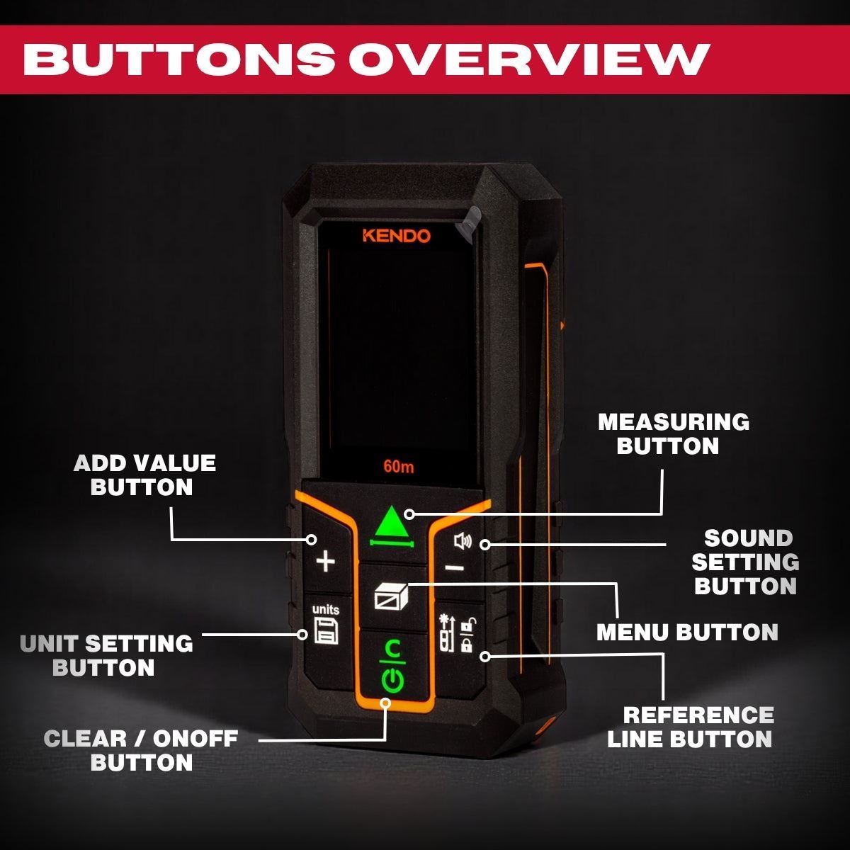 Kendo 60m Laser Distance Meter with Rechargeable Battery & LCD Display