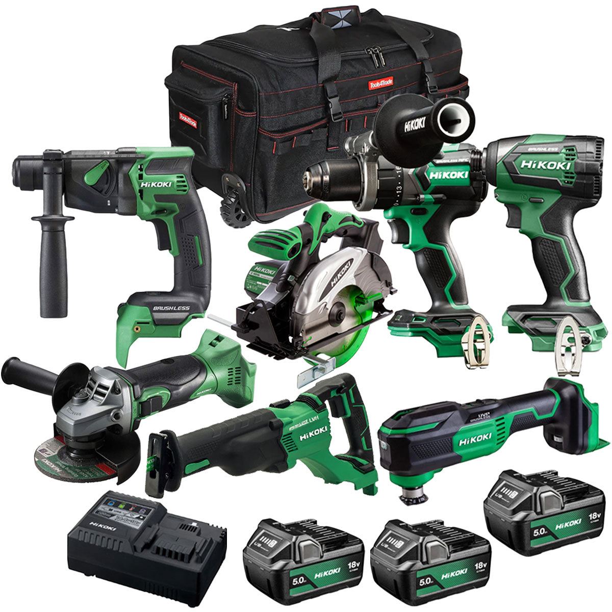 Hikoki 18V 7 Piece Power Tool Combo Kit with 3 x 5.0Ah Battery & Charger T4TKIT-27302