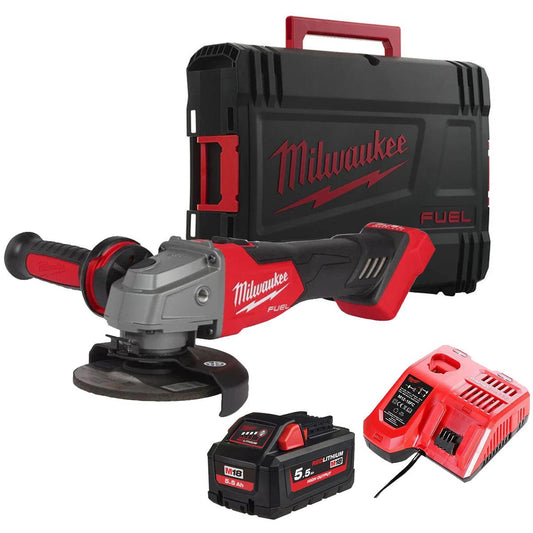 Milwaukee M18FSAG115X-0 18V 115mm Fuel Brushless Angle Grinder with 1 x 5.5Ah Battery Charger & Empty Tool Box (Without Inlay)
